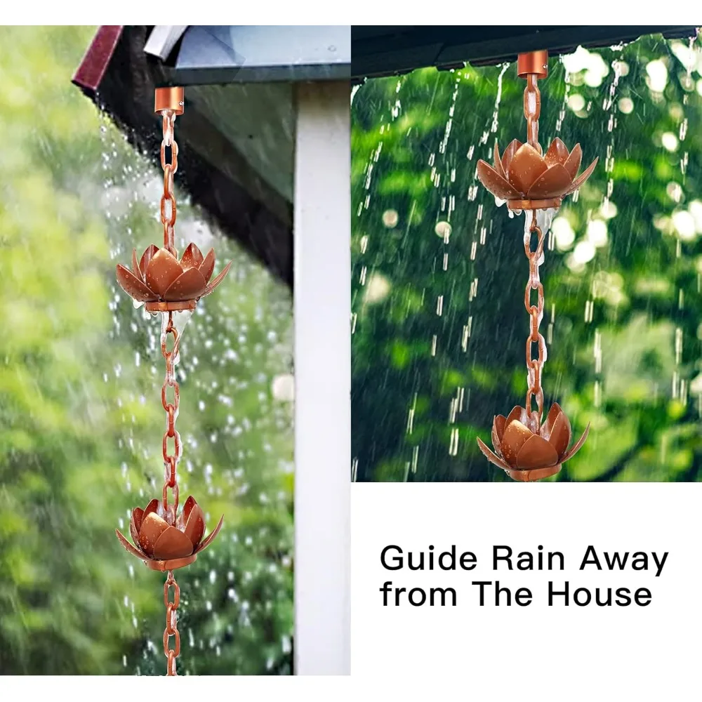 8.5ft Rain Chain for Gutters Downspouts Outside, Copper Plated Lotus Rain Chain Cups, Functional and Decorative Replacement for