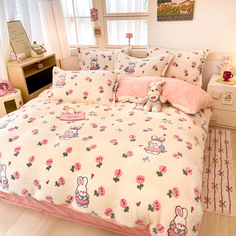 

Cartoon Tulip Floral Plush Duvet Cover Kawaii Rabbit Pattern Girls Children Bedroom Winter Autumn and Winter Comforter Cover 1pc