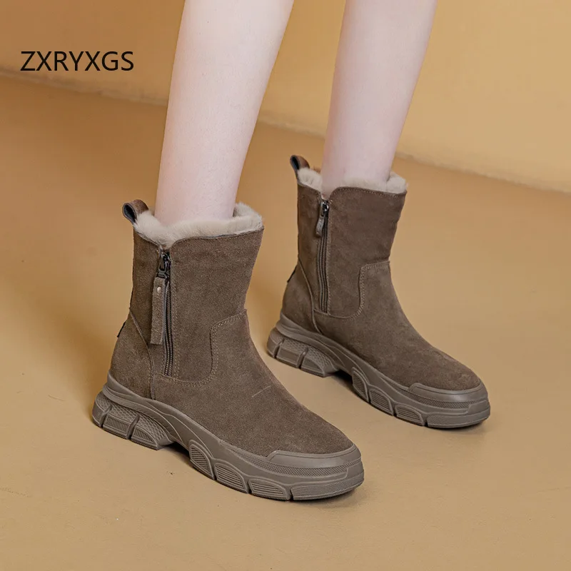 ZXRYXGS Winter Cow Suede with Plush Winter Warm Shoes Snow Boots Flat Thick Sole Genuine Leather in-tube Boot Women Boots 2025
