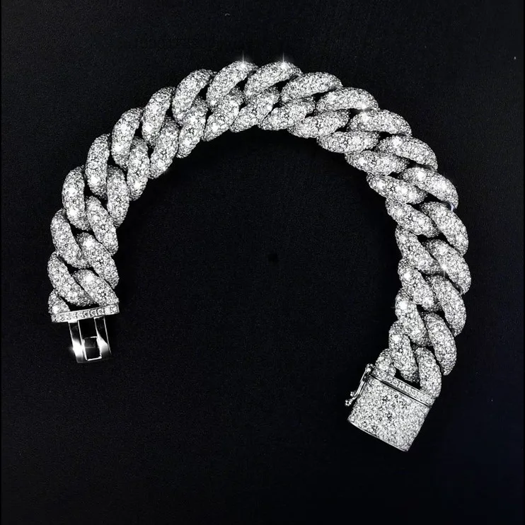 925 OEM Sterling Silver Full Micro Pave Round Moissanite Cuban Bracelet Box Clasp Pass Tester Full Iced Hip Hop Jewelry.