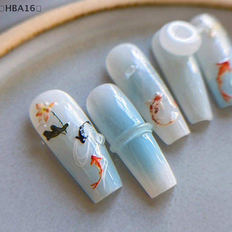 Chinese Style Goldfish Crane Nail Stickers 5D Relief Self Adhesive Nail Charms Dreamy Laser Fish Tail Nail Art Decals