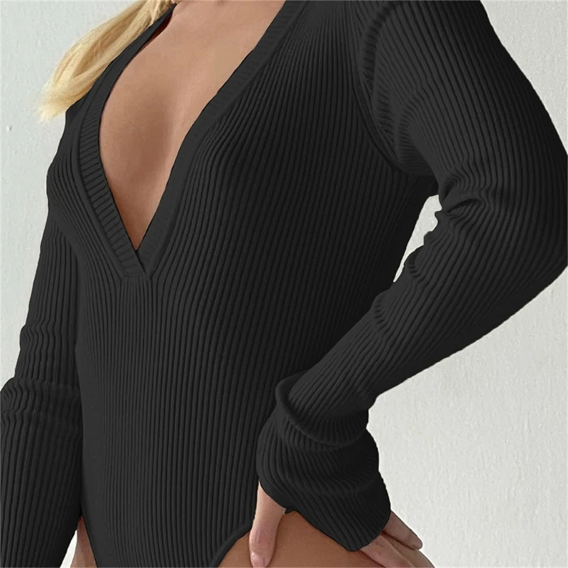 Black Ribbed Knit Basic Elegant Solid Color Bodysuits Women Long Sleeve Autumn Winter Sexy Deep V Neck Slim Leotard Top