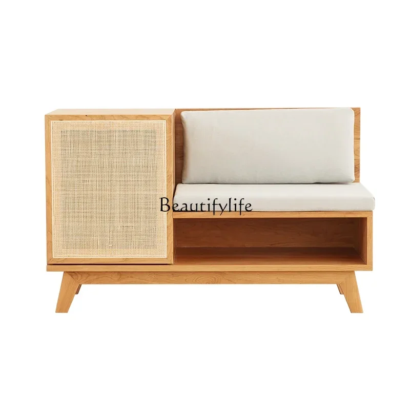 

35FG26-*All solid wood shoe changing stool shoe cabinet integrated combination door storage rattan