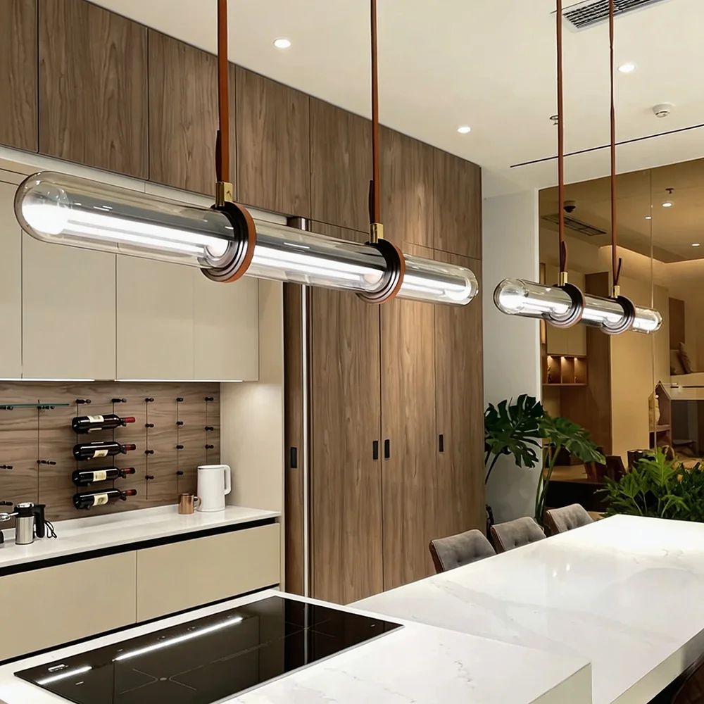 Long Linear Pendant Light Modern Minimalist Glass LED Chandelier with Leather Belt Hanging for Dining Room Kitchen Table Island