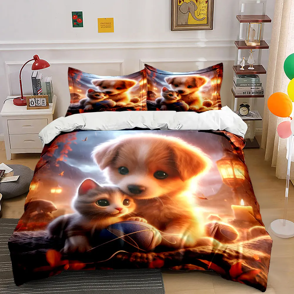 Warm pets cuddling puppy at night Duvet Cover Set with 3D Printing Design Soft Polyester Bedding Set All-Season Comfort