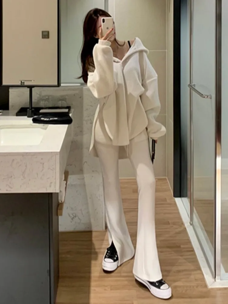 ハイウエストワイドレッグパンツ 厚手 冬 レディース セットアップ カジュアル ルーズ パーカー スプリットベルボトム ツーピースセット
