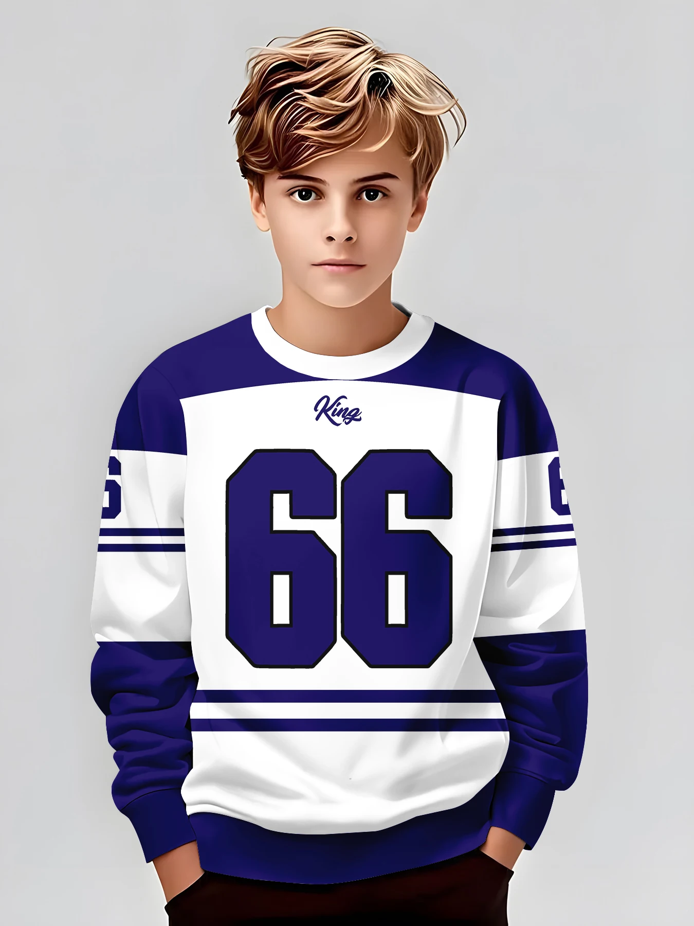 

Детская толстовка сине-белого цвета, с цифровым логотипом, удобная и легкая в носке