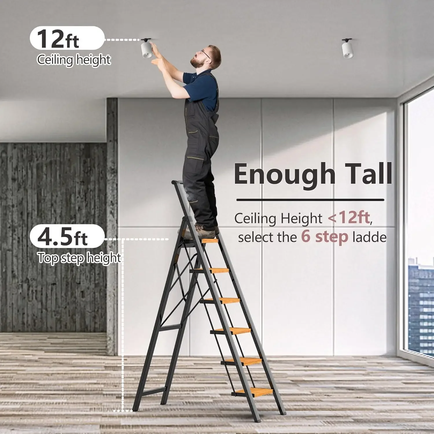 12フィートの高い天井用のステップラダー、軽量アルミニウム製折りたたみステップスツール、便利なハンドグリップ付き、ステップラダー