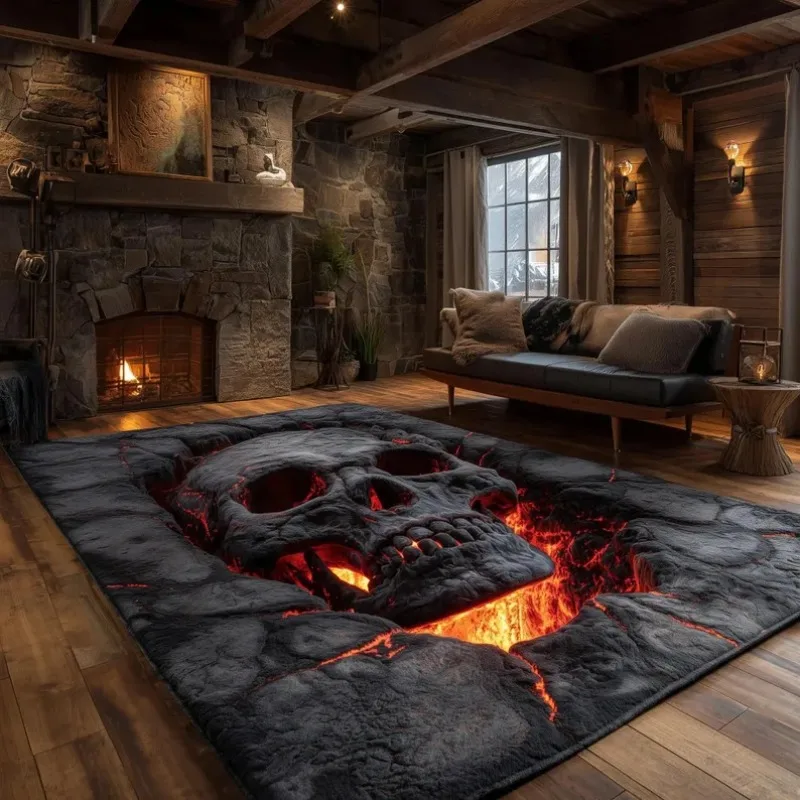 Image of Gotischer Totenkopf-Wohnzimmerteppich, Horror-Themen-Bodenmatte, coole optische Illusion, Heimdekoration, weiche, rutschfeste Matte für Schlafzimmer, Spielzimmer