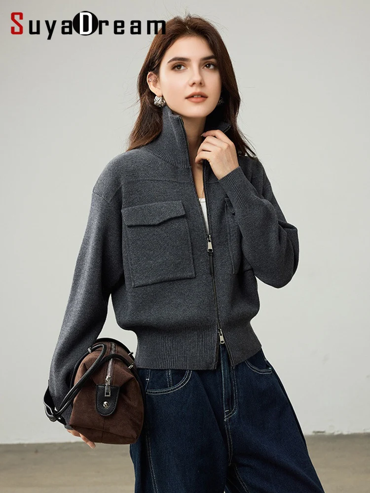 

SuyaDream, Cardigans For Woman, Wool Bend, High Collar, Zipper placket, Cozy Sweaters, 2025 Fall Winter Short Jackets