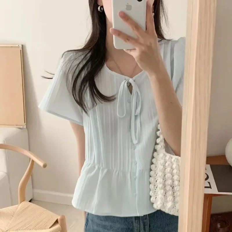 Korean Short Sleeve Blouses Simple Slimming Ort Round Solid Women's Fashion Top Banded Design Length Shirt