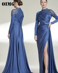 OIMG New Design High Neck Prom Dresses Long Sleeves Saudi Arabic Satin Beading Sexy Split Women Evening Gowns Formal Party Dress