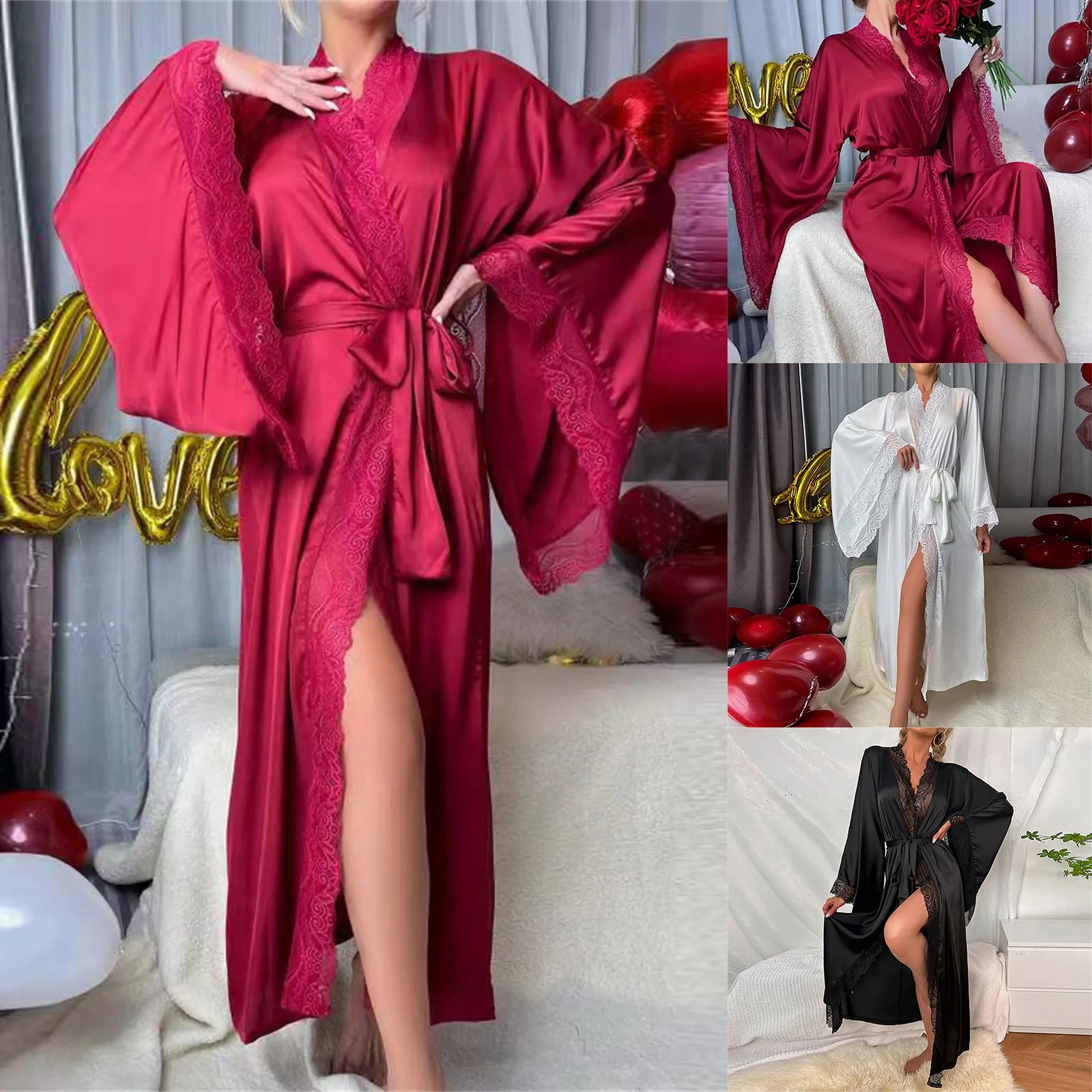 Women Night Gown Robe Feminino Bathrobe Satin Nightgown Long Sleeve Pajamas Night Long Robe Cool Feeling Lace Casual Sleepwear