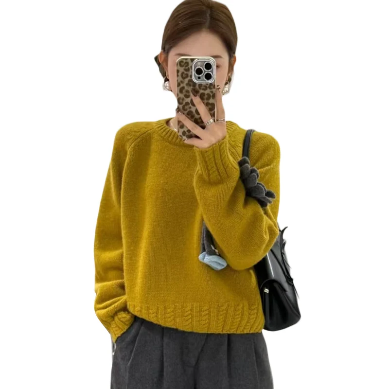 

Пуловер из 100% мериносовой шерсти, женский свитер с круглым вырезом, однотонный вязаный модный универсальный свитер с длинными рукавами, осень-зима, новый продукт