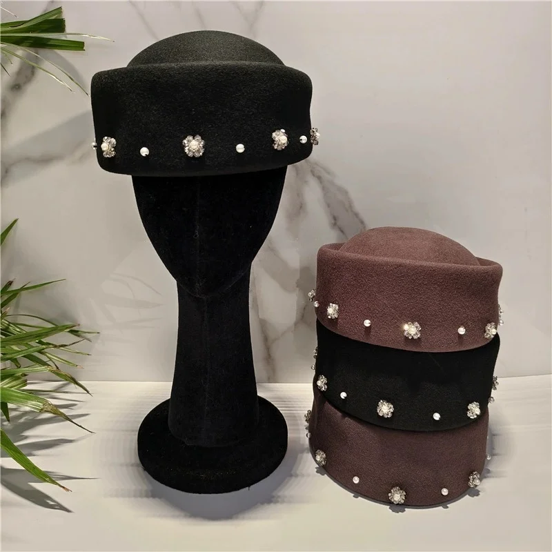 Ultra-Fine Australian Wool Mini Hat: Elegant Fall/Winter Pillbox Hat, Rhinestone and Pearl Beret, British-Style Stewardess Hat