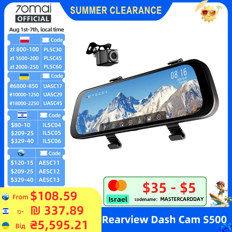 Kamera dasbor kaca spion 70mai, S500 9.35 "layar sentuh 70mai S500 DVR mobil 3K kapasitor Super Saluran ganda kontrol suara HDR taman 24 jam