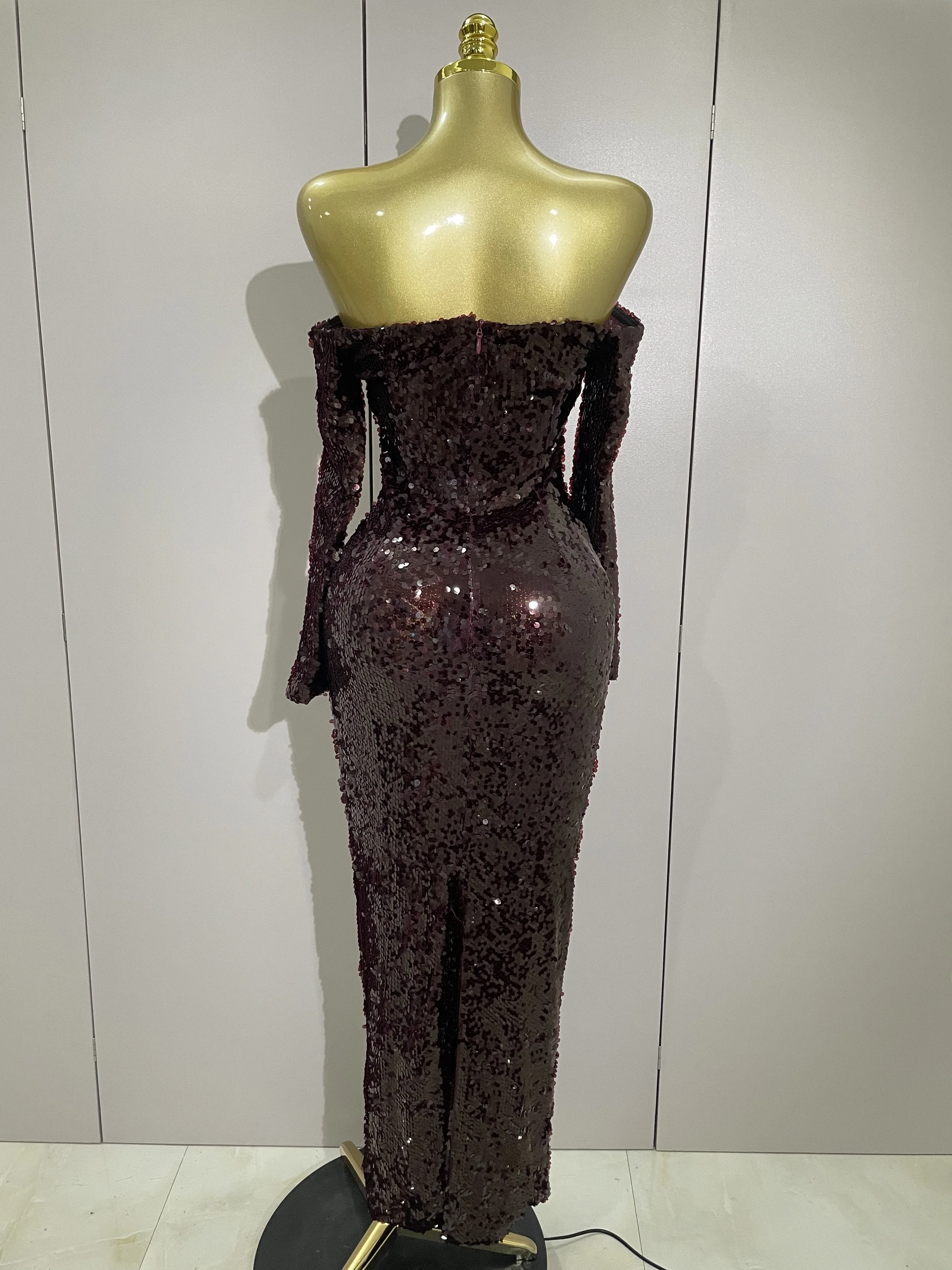 2025 neue Luxus Pailletten Promi Sexy Off Schulter Lange, Figurbetontes Kleid Frauen Elegante Abend Club Party Mode Geburtstag Kleider