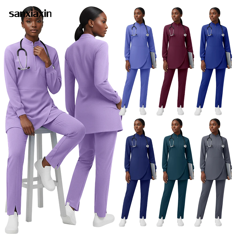 長袖セット女性医療スクラブ制服ストレッチトップ-ストレートパンツヘルスケア看護用品手術服女性スーツ
