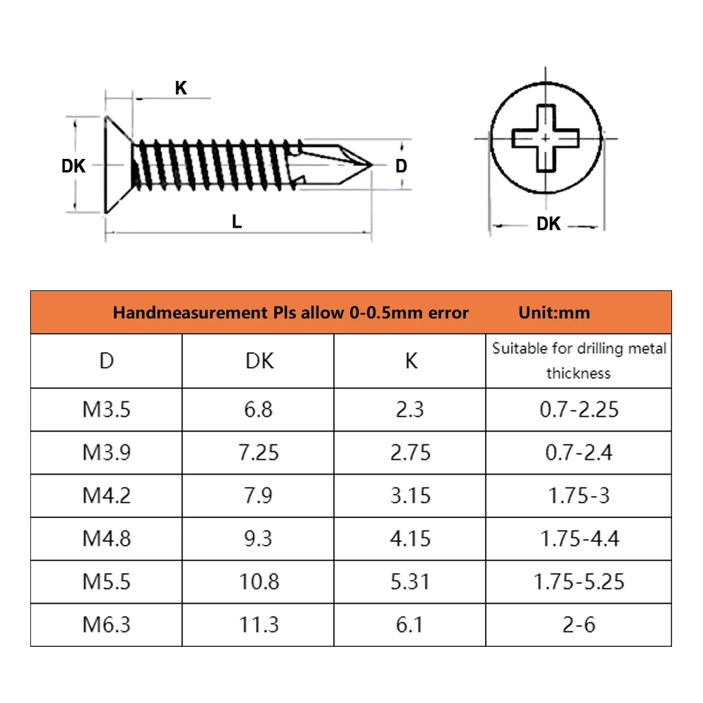 410 Stainless Steel Self Tapping Screws Woodworking Metalwork Drywall Flat Head Phillips Countersunk Insert Drilling Screws