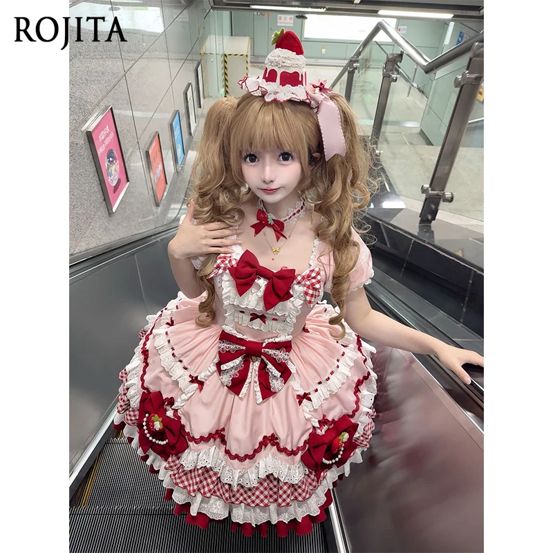 

Strawberry Sweet and Cute Short-sleeved Op Lolita Idyllic Princess Dress Fluffy Cake Dress Japanese Lolita Dress