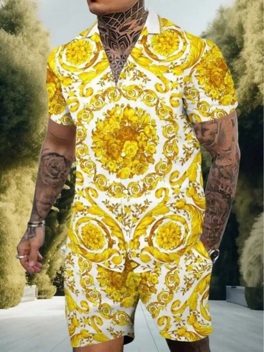 

Mens White Golden Yellow Floral Print Short Sleeve Shirt And Shorts Set Casual Summer Outfit