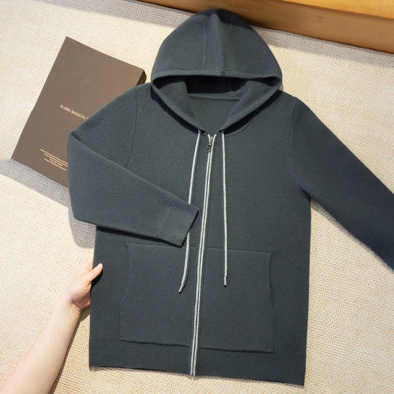 100% Cashmere Coat Men's Knit Hooded Zipper Cardigan Autumn/Winter New Business Casual Large Size Sweater Men's Clothing Jacket
