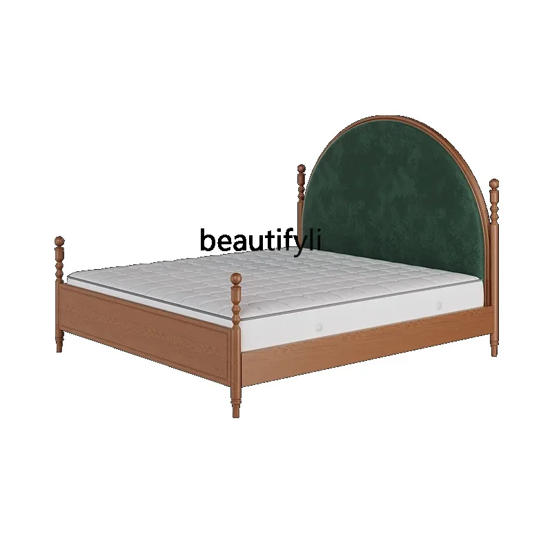 QQ132 Mid-Ancient French Style Solid Wood Double Bed Modern Minimalist Master Bedroom Light Luxury Soft Bag round Head Bed