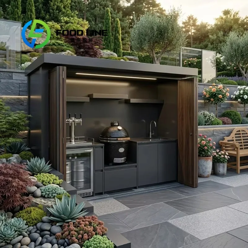 New Product SS304 Outdoor Kitchen Pod Bifold Doors Antibacterial Multi Functional Outdoor BBQ Kitchen with Shed for Villa