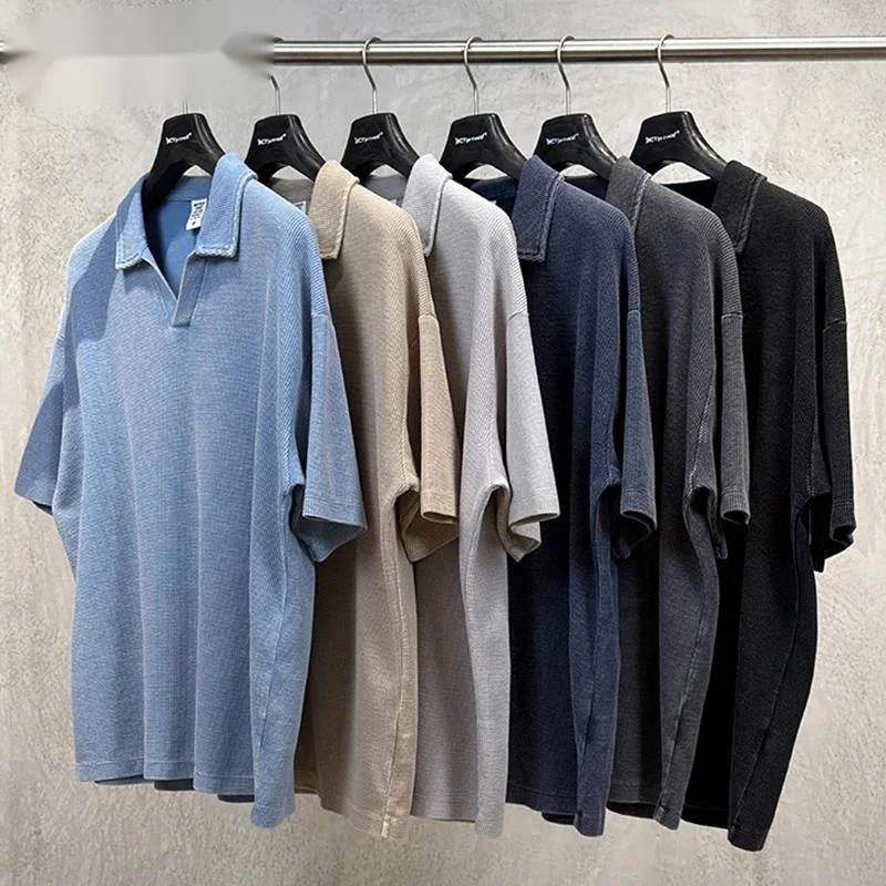 Men's Textured Minimalist Vintage T-shirt Oversized Fit Short Sleeve Casual Daily Washed Cotton Lapel Pullover Top U3NB
