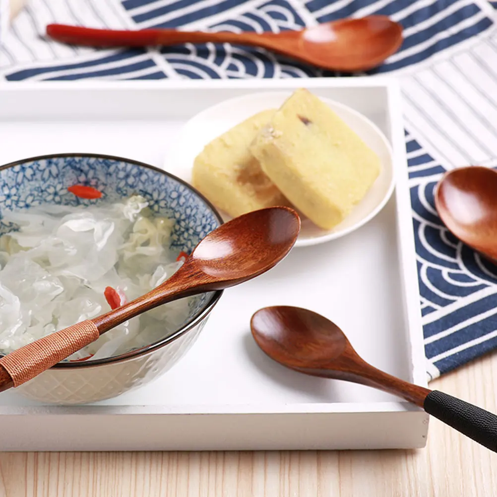 

5pcs Wooden Spoon For Kids Natural Wood Dessert Spoon Lightweight Children Tableware Home Restaurant Use 14Cm Black Twine Line