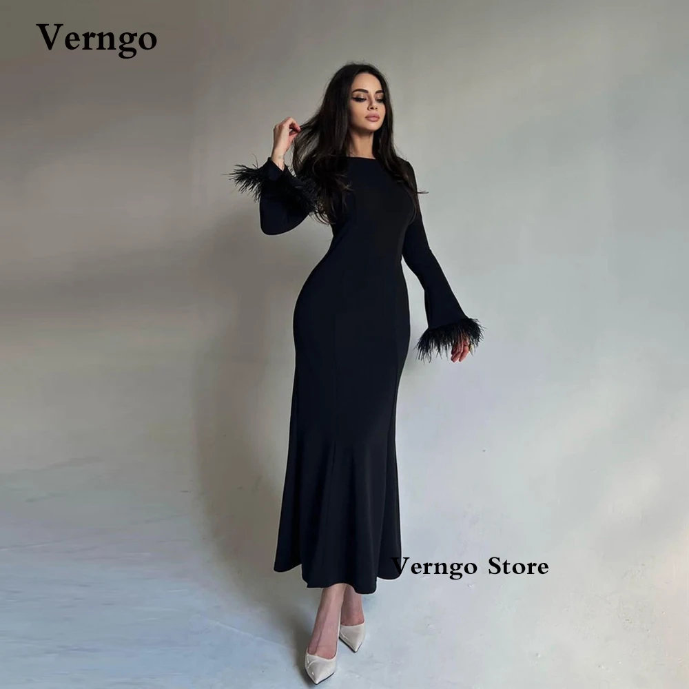 

Verngo Modest Black Mermaid Stretch Satin Mermaid Evening Dresses Long Sleeves Feathers Jewel Ankle Length Formal Party Dress