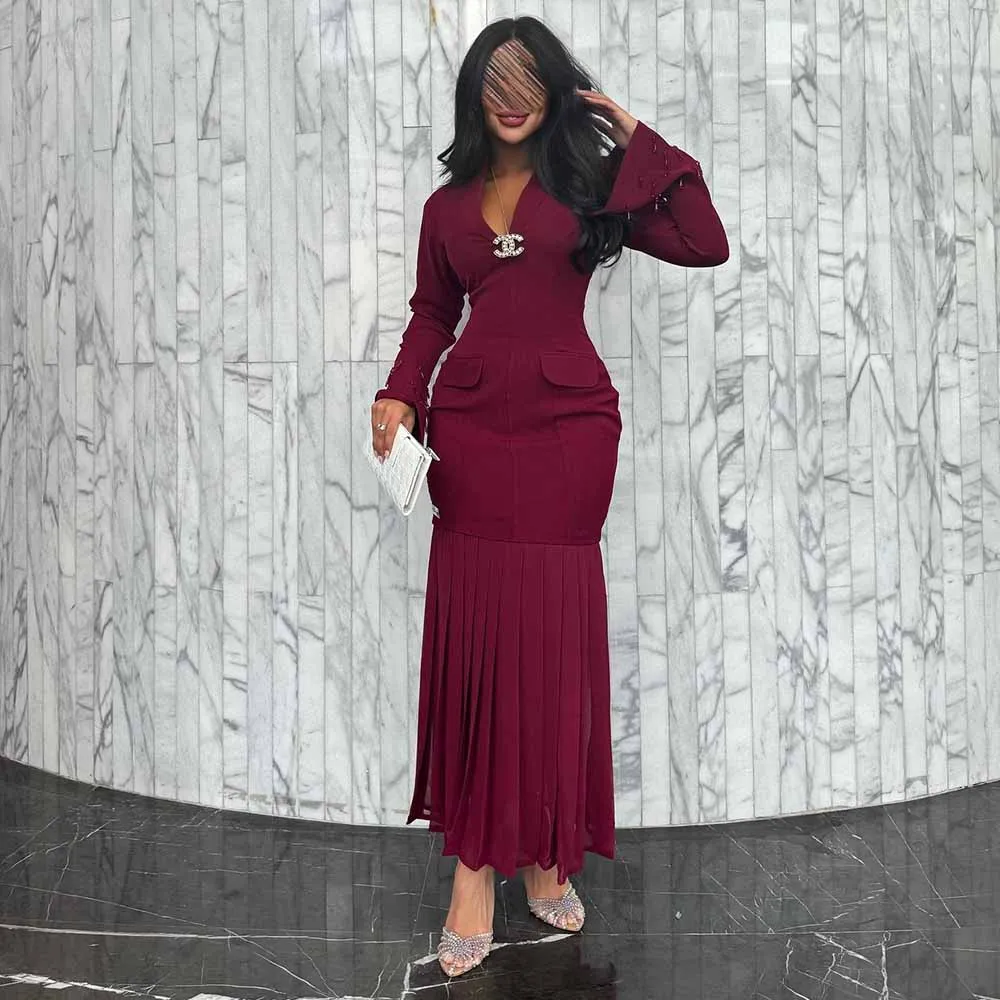 

Saudi Arabia Women's Cocktail Dresses 2025 Jersey Sheath/Column Birthday Dress Burgundy V-neck Pocket Beads Prom Dresses Midi
