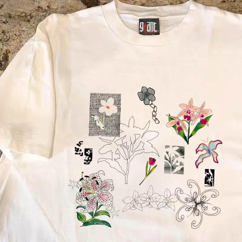 

Heavyweight Pure Cotton Short Sleeve T-Shirt Hand-drawn Graffiti Print Floral Sketch Unique Personality Casual Summer Top