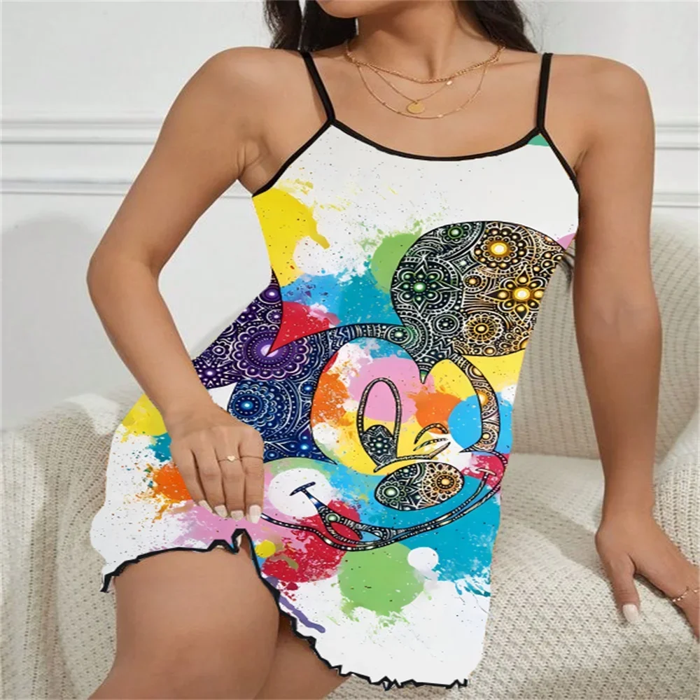 Sexy Chic Sleeping Dress for Women Disney Cartoon Pattern Print Women's Nightwear Sleeveless Ruffled Edge Design Female Pajama