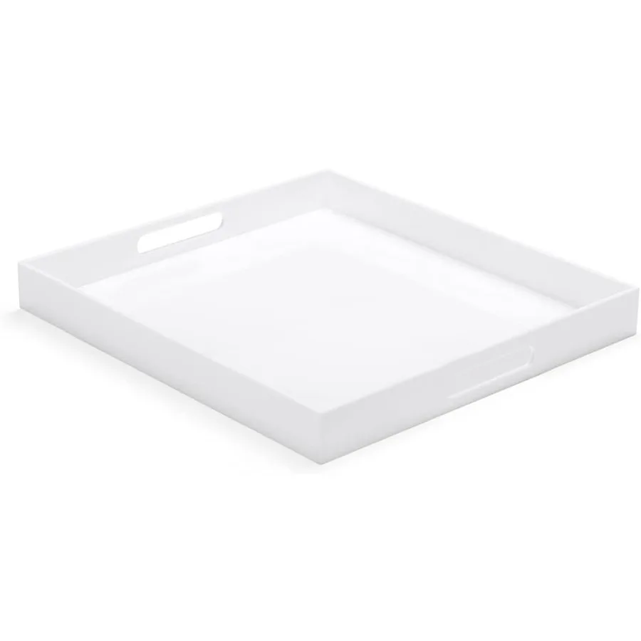 

White Acrylic Large Ottoman Tray with Handles 18"x18"x2" Spill Proof Serving Tray Rubber Boot Organizer Tray Decorative for Liv