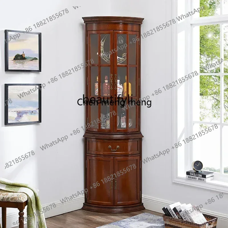 zqqAmerican solid wood corner cabinet, storage, curved living room corner, small wine cabinet glass door