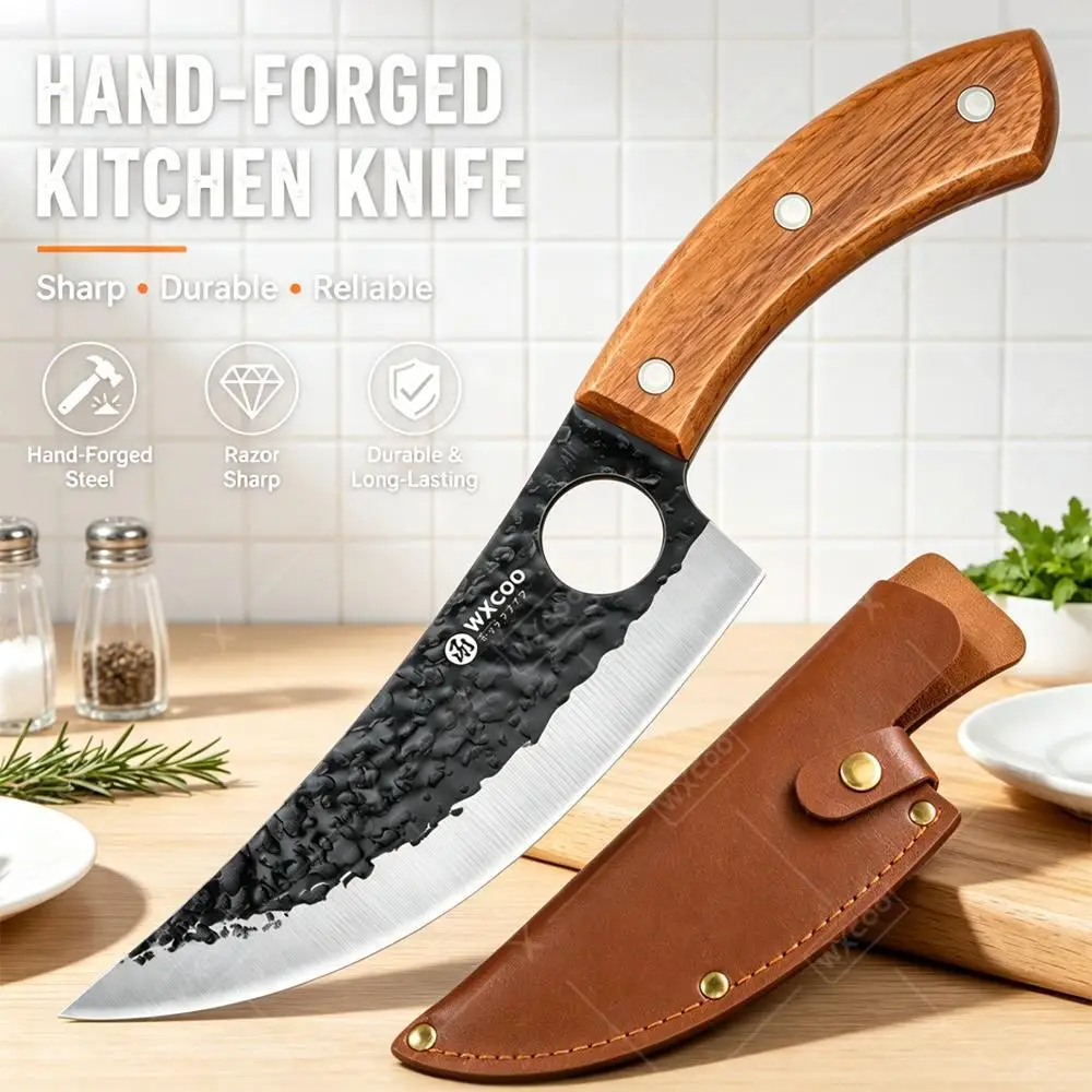 WXCOO Ergonomic Cherry Wood Handle Hammered Black Blade Hand Forged Kitchen Butcher Knife for Home Kitchen Meat Bone Processing