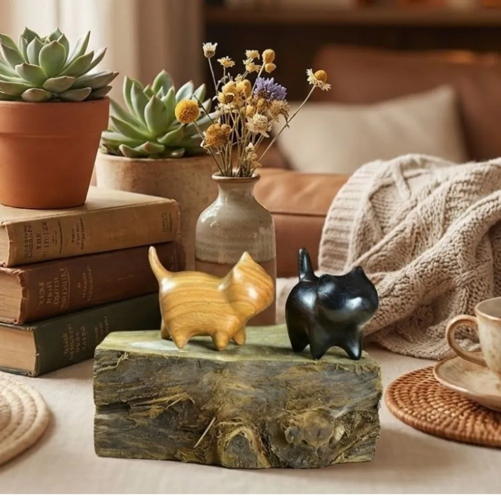 Figura de gato de madera con textura natural y diseño creativo, tallada a mano, con campanilla, escultura de gatito, adorno de gato hecho a mano, decoración para escritorio.