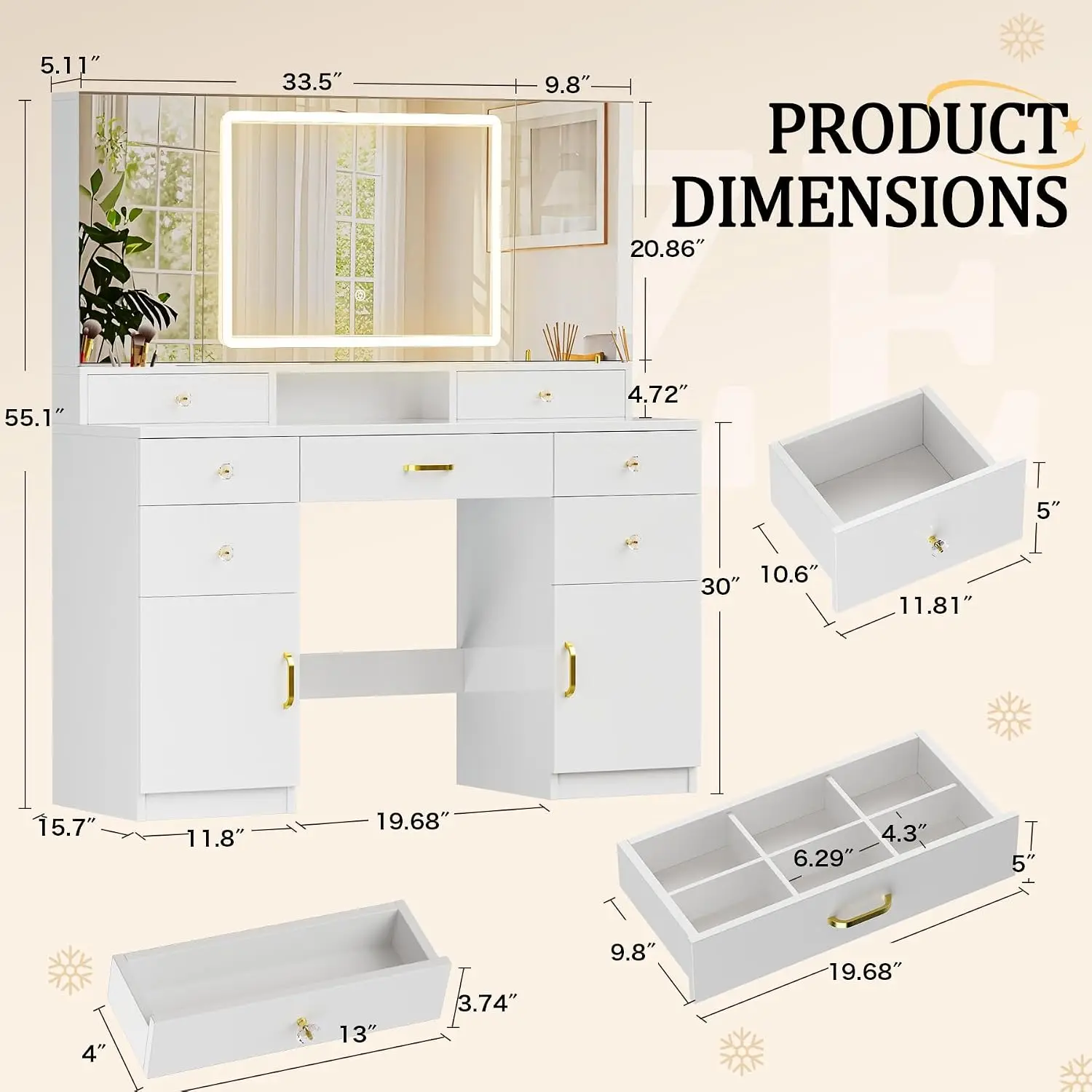 Vanity Desk with 3 Way Mirror and Lights, Large Makeup Vanity Table Set with Charging Station, 3 Lighting Modes & 360° View