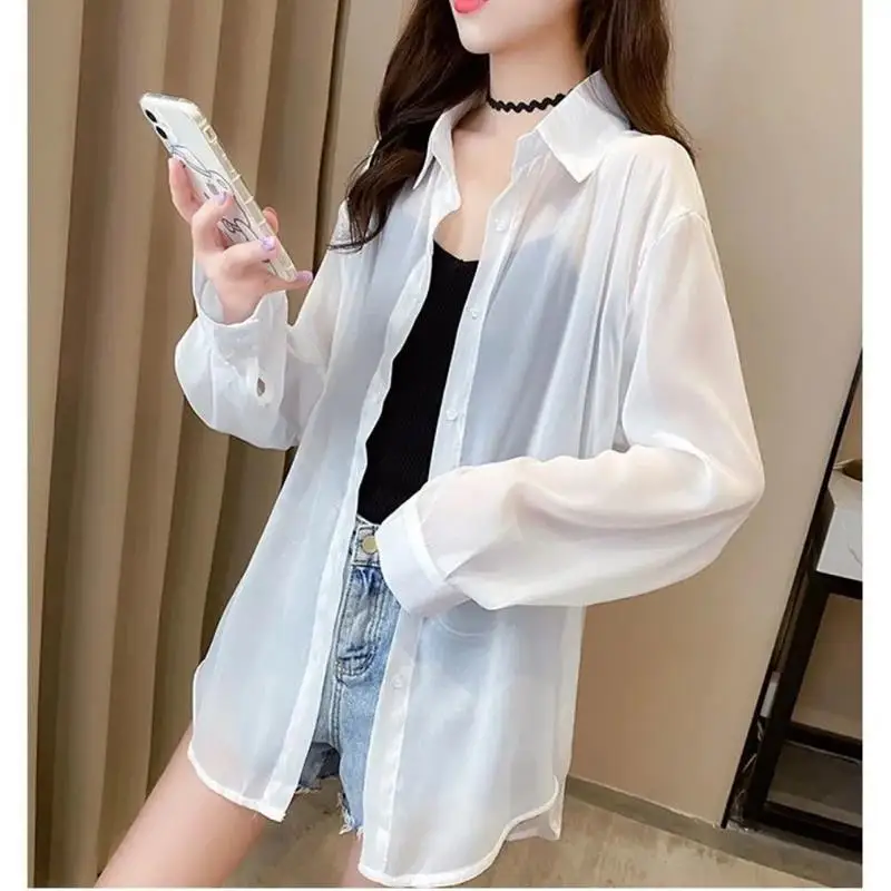 Women Summer Simplicity Trend Loose Sunscreen Solid Color Polo-Neck Long Sleeve Shirts Women Clothes Korean Casual Chiffon Tops