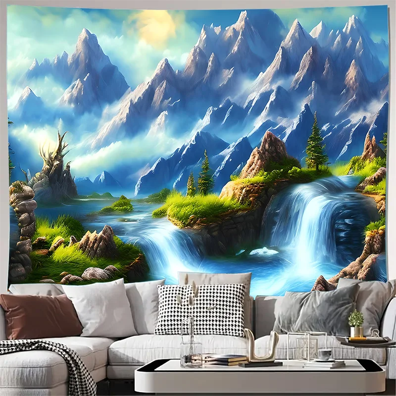 Fantasy Mountain Waterfall River Landscape Wall Tapestry Machine Washable All Season Decor Art Print Nature Design Homenontoxic