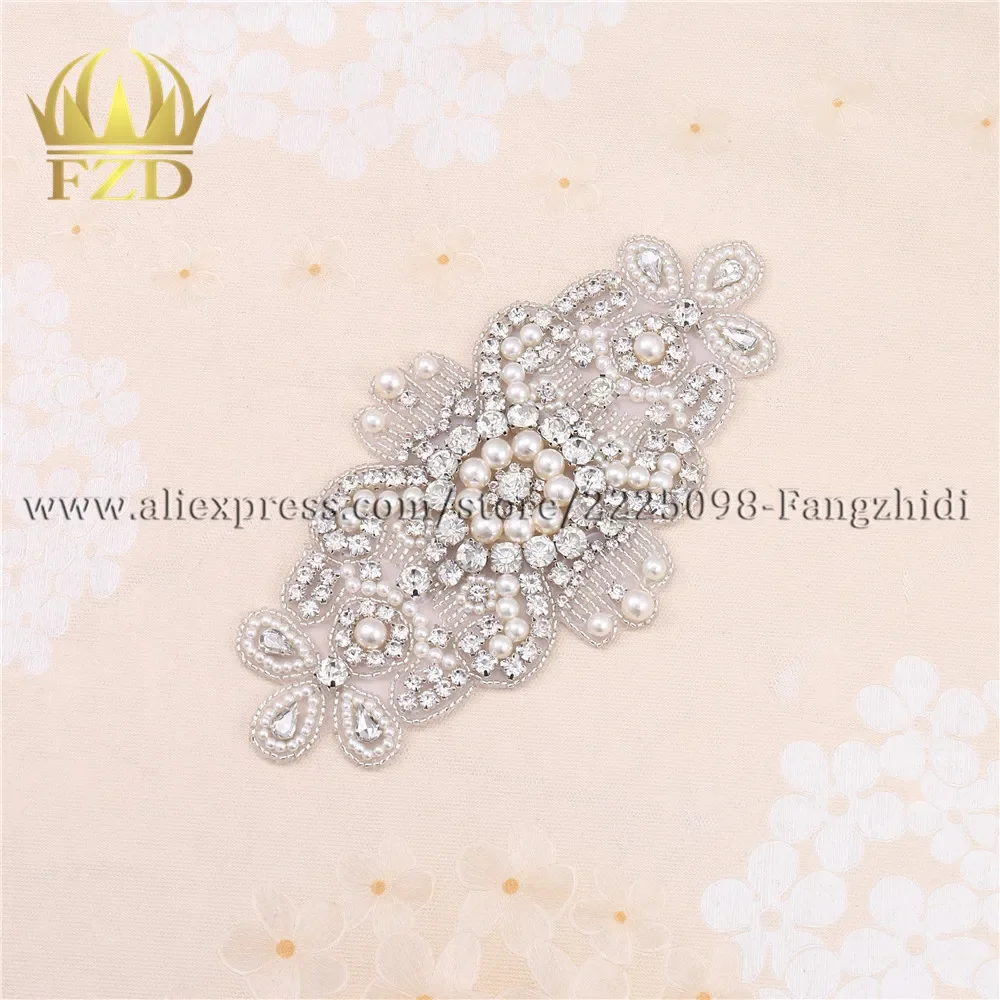 FZD 10 PCS Wholesale Hot Fix Iron On Beaded Appliques Rhinestone Crystal Sew On Wedding Dress Bridal Sash Headbands Bags