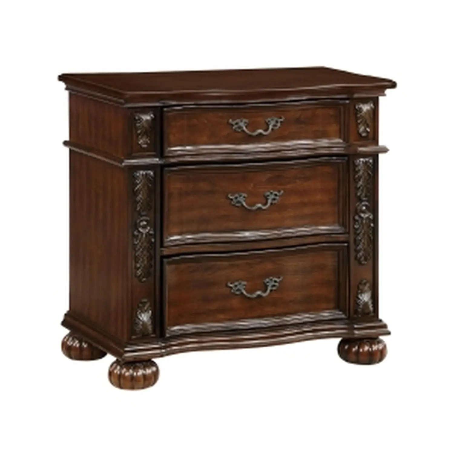 Nightstand 3 Drawers Leaf Carvings Cherry Solid Wood Brown & Bronze, Customized