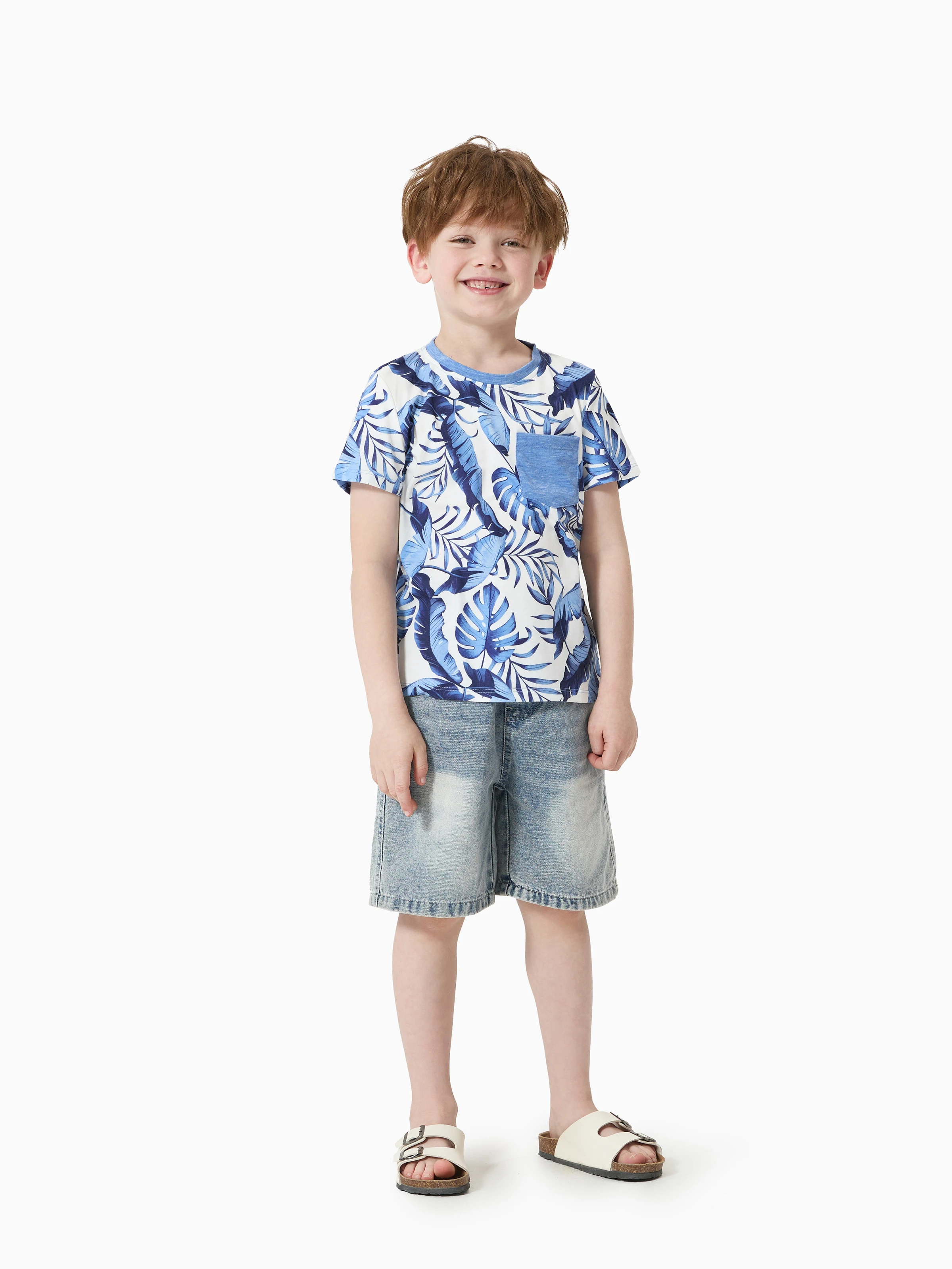 PatPat Family Matching Allover Leaf Print Naia ™   Cami Girl Dresses Menino Camisetas Colorblock de manga curta