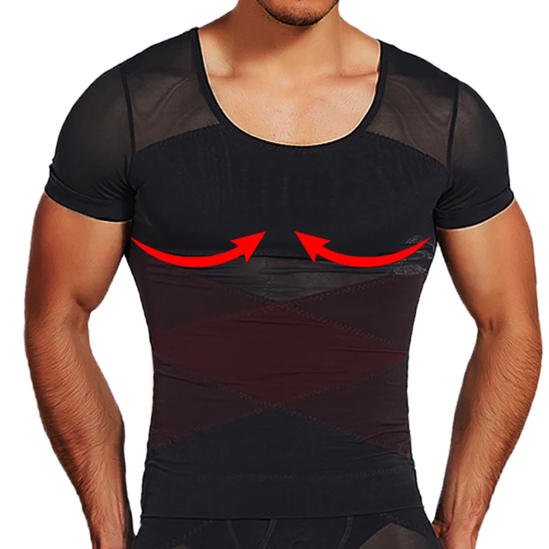 Men Compression Shirts Tummy Control Shapewear Chest Abdomen Trimmer Body Shaper Slimming Undershirt Workout Mesh Short Sleeves