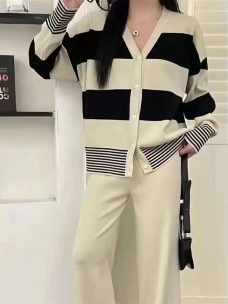 Knitted Autumn 2 Two Piece Set Women V-Neck Striped Print Casual Fashion Ladies Cardigans Korean Style Loose Wide Leg Woman Pant