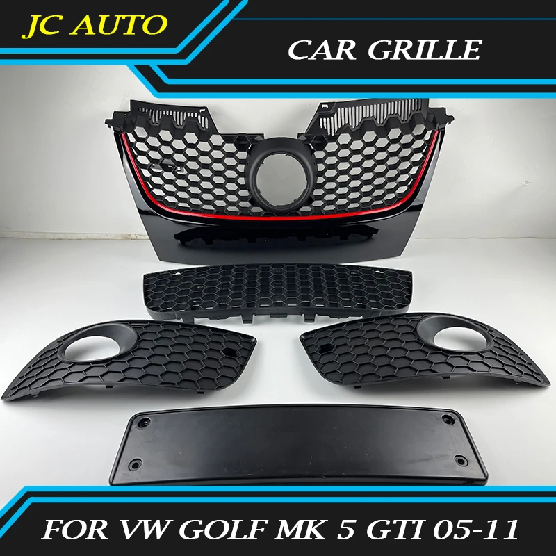 

Car Grille Fit for Volkswagen Golf MK 5 GTI 2005-2011 Front Bumper Grille Red Strip Center Hood Grills Honeycomb Gloss Grill