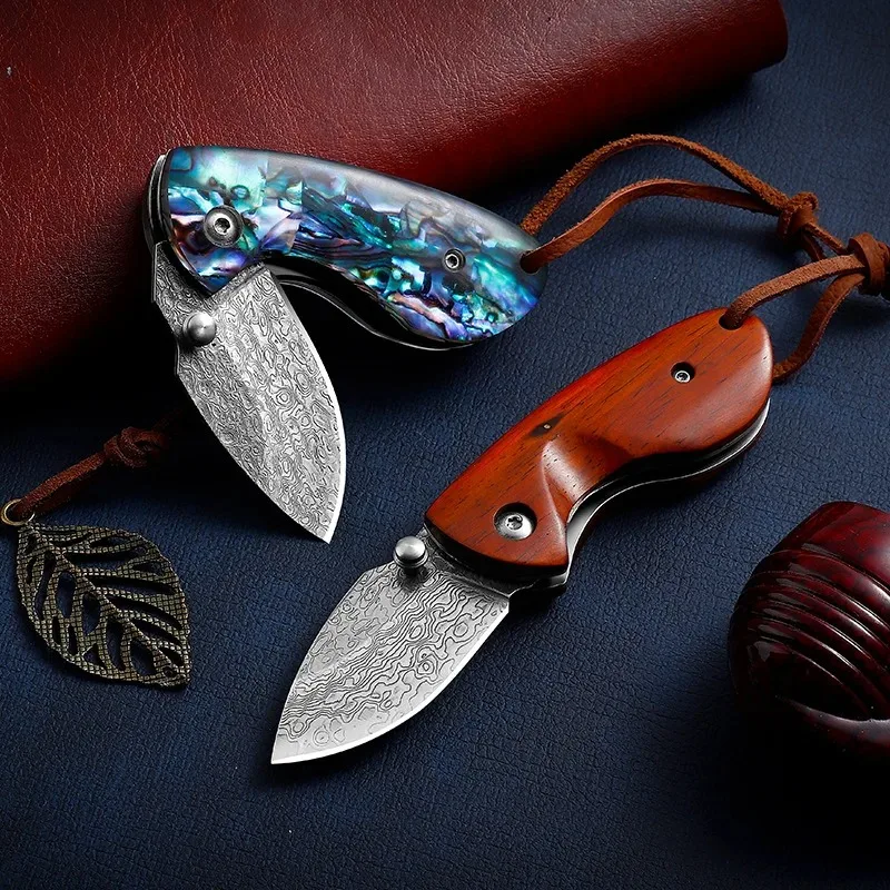 

Damascus Steel Folding Knife High-hardness EDC Pocket Knife Portable Fruit Knife Keychain Jackknife for Hiking Kitchen BBQ