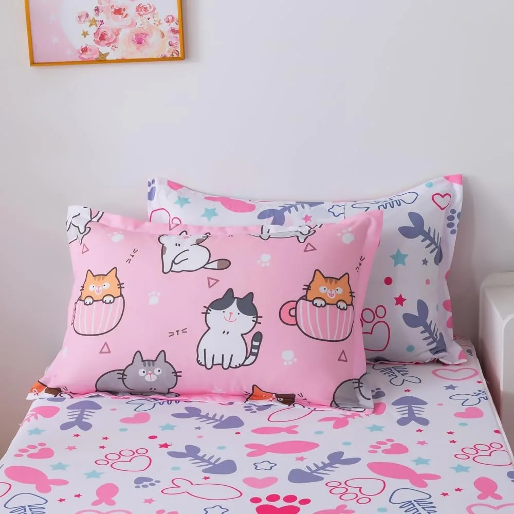 ADASMILE A & S الاطفال المعزي مجموعة سستة الفراش التوأم للفتيات القط المعزي مع ملاءات الأسماك Kawaii القط الفراش مجموعات للأطفال #4