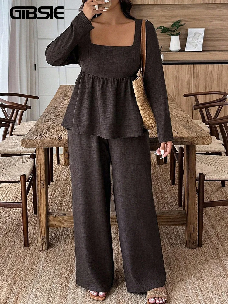

GIBSIE Plus Size Women Pant Sets Square Neck Long Sleeve Solid Peplum Top Autumn Casual Matching Wide Leg Trousers 2 Pieces Set